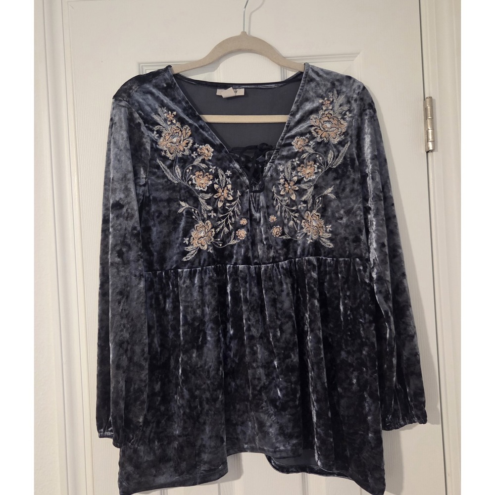 Style & Co Womens Velvet Peasant Top Gray Embroidered Lace Up V Neck Blouse S